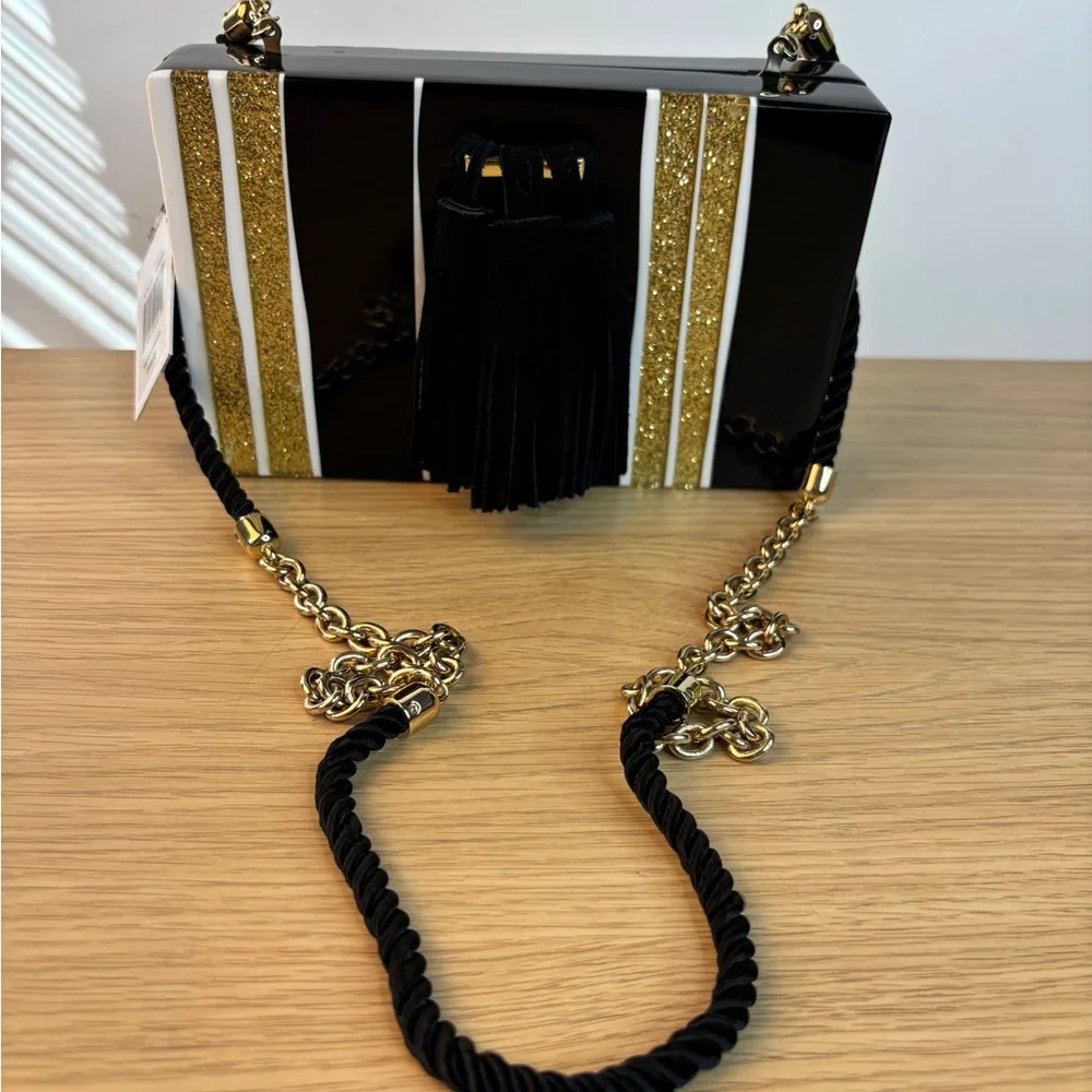ISTI Acrylic Black White & Gold‎ Glitter Striped Bag NWT Chain/Rope Strap